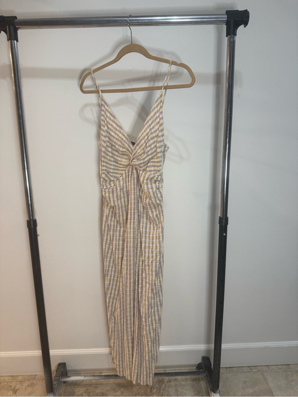 Plaid Yellow & White Midi Dress with Twist Front